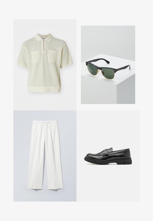 Texturiertes kurzärmliges Polohemd in Off-White, mit einem Viertelreißverschluss, zwei vorderen Taschen sowie einem gerippten Kragen und Saum. Auffälliges Rautenmuster.; Weiße, weit geschnittene Hose mit elastischem Bund und Kordelzug, ausgestattet mit seitlichen Taschen und einem glatten, leicht strukturierten Stoff.; Schwarze Lederloafer mit einem breiten Riemen über dem Rist, Gummisohle mit dicken Profilen und glatter Textur. Klassisches, schlankes Design.; Ray-Ban Sonnenbrillen mit grünen Gläsern, schwarzen Kunststoffrahmen und goldenen Akzenten an den Rändern. Quadratische Form mit matter Oberfläche.