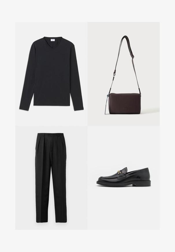 T-shirt noir à manches longues avec un décolleté en V, fabriqué à partir d'un tissu doux, présentant une coupe droite et sans motifs ni accents visibles.; Pantalons plissés noirs au design sur mesure, confectionnés en tissu lisse, avec une fermeture à bouton et une coupe droite.; Mocassins en cuir noir avec un embout rond, présentant des accents en métal doré et des détails de couture, montés sur une semelle en caoutchouc texturé et basse.; Sac bandoulière en cuir marron foncé texturé avec une sangle réglable et un petit accent décoratif bleu sur le côté.