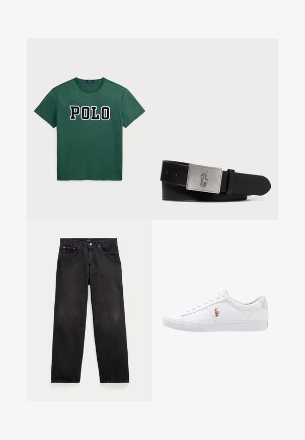 Grünes Baumwoll-T-Shirt mit Rundhalsausschnitt und kurzen Ärmeln. "POLO"-Logo in fettem Marineblau über der Brust. Glatte Textur.; Schwarze Jeans mit geradem Bein, fünf Taschen, Knopfverschluss und sichtbaren Metallnieten an den vorderen Taschen.; Weiße Leinensneaker im Low-Top-Design mit einem beigen Ferseneinsatz und einem kleinen gestickten Logo an der Seite. Gummisohle.; Schwarzer Leder-Gürtel mit einer rechteckigen silbernen Metall-Schnalle, die ein geprägtes Reiter-Logo trägt, glatter Textur und fünf Gürtellöchern.
