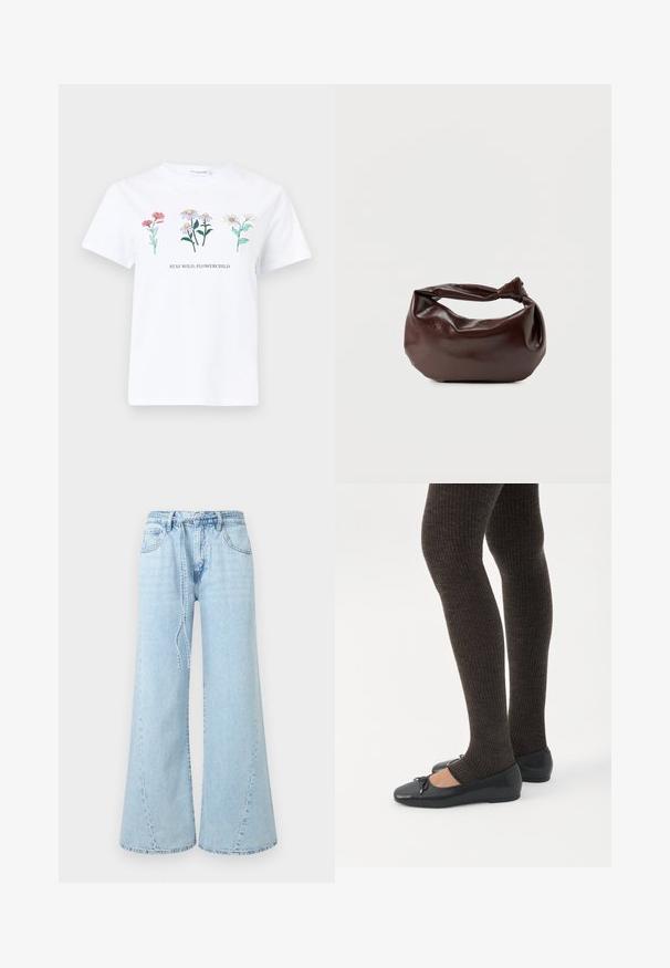 Chemise blanche à manches courtes avec trois illustrations colorées de fleurs au-dessus du texte "RESTE SAUVAGE, ENFANT DES FLEURS" sur le devant.; Jean denim bleu clair à jambes larges, avec poches avant, passants de ceinture et ceinture nouée ample à la taille sur un fond uni.; Jambes portant des leggings côtelés foncés associés à des ballerines noires avec de petits détails en nœud sur fond blanc.; Sac bandoulière en cuir marron foncé avec une forme souple et décontractée et une anse nouée torsadée sur un fond blanc uni.