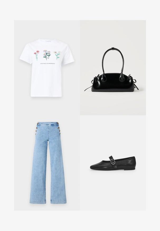 Chemise blanche à manches courtes avec trois illustrations colorées de fleurs au-dessus du texte "RESTE SAUVAGE, ENFANT DES FLEURS" sur le devant.; Jean large en denim bleu clair à taille haute, avec des accents de boutons en métal sur les côtés et une texture lisse légèrement vieillie.; Chaussure plate en cuir noir avec un bout arrondi, une seule sangle réglable à boucle et une texture lisse et brillante. Design minimaliste avec un petit talon.; Petit sac à main noir brillant avec deux longues anses et des détails à cordon sur les côtés sur un fond clair uni.
