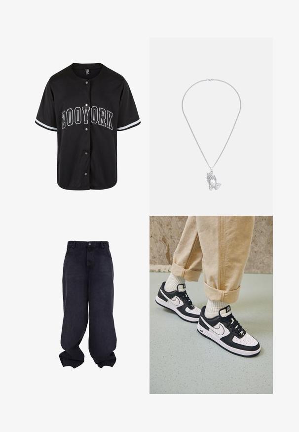 Sort kortærmet trøje med knaplukning, "ZOOYORK" trykt med fede hvide bogstaver, med kontraststriber i hvid på ærmerne.; Sorte oversized løstsiddende jeans med knap- og lynlåsfrontlukning, forlommer og løse, brede ben.; Sorte og hvide Nike Air Force 1 sneakers med læderoverdel, perforeret tå og tekstureret såldetalje, båret med rullede beige bukser og hvide sokker.; Sølvvedhæng med halskæde, der har to sammenflettede hænder, hængende fra en fint kæde med en glat tekstur.