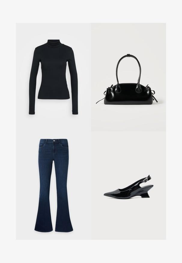 Jersey de cuello alto de manga larga negro con una silueta ajustada sobre un fondo claro.; Vaqueros de mezclilla azul oscuro con cintura alta y piernas acampanadas, con bolsillos delanteros, trabillas para el cinturón y cierre de botón.; Zapato slingback de cuero charol negro con puntera puntiaguda y tacón bajo en bloque inclinado sobre fondo claro liso.; Pequeño bolso negro brillante con dos asas largas y detalles de cordón lateral sobre un fondo claro liso.