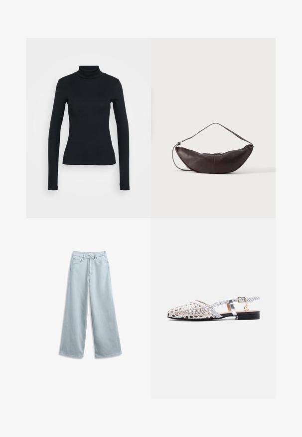 Sort langærmet ribbestrikket sweater med høj hals og tætsiddende silhuet på en lys ensfarvet baggrund.; Lyseblå vide jeans lavet af denim, med et klassisk fem-lomme design og en knaplukning i taljen.; Sølvflettet flad sandal med ankelrem, sort sål og lille guldbeklædt spænde på en enkel lys baggrund.; Mørkebrun læder skuldertaske i halvmåneform med buet rem og synlige syninger på ensfarvet baggrund.