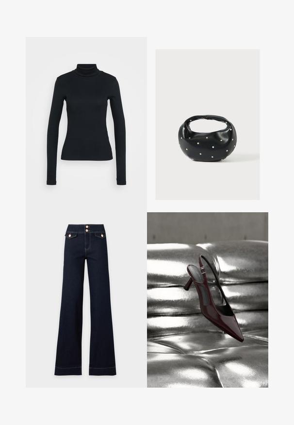 Zwarte langemouwribbeltrui met col in een aansluitende silhouet op een effen lichte achtergrond.; Donkerblauwe, hooggetailleerde jeans met wijde pijpen, twee voorvakken met klep en twee zichtbare roségouden knopen in de tailleband.; Glanzende donkerrode slingback pumps met hoge hak en puntige neus, gepresenteerd op een glanzend zilveren, getuft leren oppervlak.; Zwarte leren handtas met een afgeronde vorm, versierd met zilveren studs, en een korte handgreep. Gladde textuur en ritsluiting.