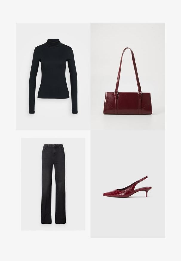 Sort langærmet ribbestrikket sweater med høj hals og tætsiddende silhuet på en lys ensfarvet baggrund.; Sorte denim straight-leg jeans med høj talje, fem-lomme design og synlig syning. Glat tekstur med en let falmet finish.; Bordeaux læder slingback pumpe med krokodillestruktur, spidse tæer, justerbar spænde rem og lav kitten hæl på en hvid baggrund.; Bordeaux håndtaske lavet af glansfuldt materiale, rektangulær form, med to skulderremme og subtile buede detaljer på forsiden.