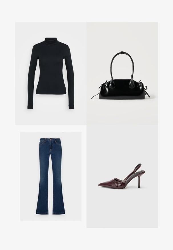 Jersey de cuello alto de manga larga negro con una silueta ajustada sobre un fondo claro.; Vaqueros de mezclilla azul oscuro con cintura alta y piernas acampanadas, con bolsillos delanteros, trabillas para cinturón y cierre de botón.; Zapato de tacón slingback de charol burdeos con puntera puntiaguda, fina correa en el tobillo y pequeño detalle decorativo de hebilla. Textura suave y tacón alto.; Pequeño bolso negro brillante con dos asas largas y detalles de cordón lateral sobre un fondo claro liso.