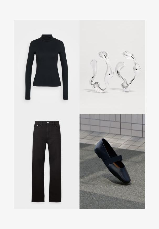 Sort langærmet ribbestrikket sweater med høj hals og tætsiddende silhuet på en lys ensfarvet baggrund.; Sorte jeans med lige ben, knaplukning, bæltestropper og forlommer, vist på en ensartet lys baggrund.; Sort læder flad sko med rund tå, der har en blød sort elastisk strop over vristen. Glat tekstur og minimalistisk design.; Øreringe i sølvtonede abstrakte bølgede hoops med en glat, reflekterende overflade og uregelmæssige organiske former.