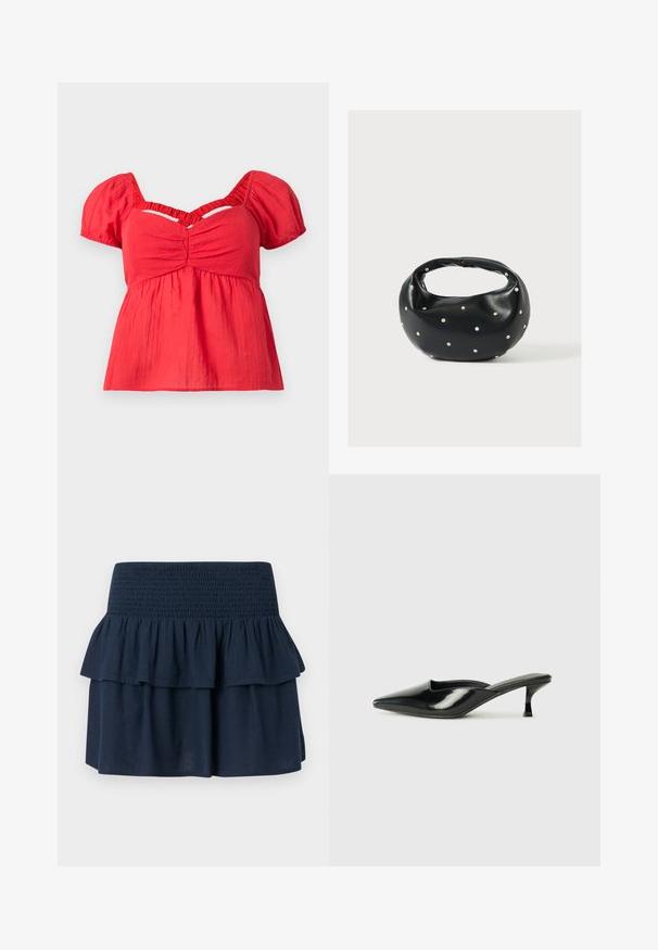 Blouse rouge à manches courtes avec des manches bouffantes, buste froncé, taille empire froncée et un détail en découpe en V sous le col.; Mini-jupe bleu marine avec large ceinture smockée et détail de volants superposés sur le dessus.; Mules en cuir verni noir avec un bout pointu, un petit talon et des côtés courbés, présentant une finition brillante et un design minimaliste.; Sac à main en cuir noir de forme arrondie, décoré de clous argentés et équipé d'une poignée courte. Texture lisse et fermeture éclair.