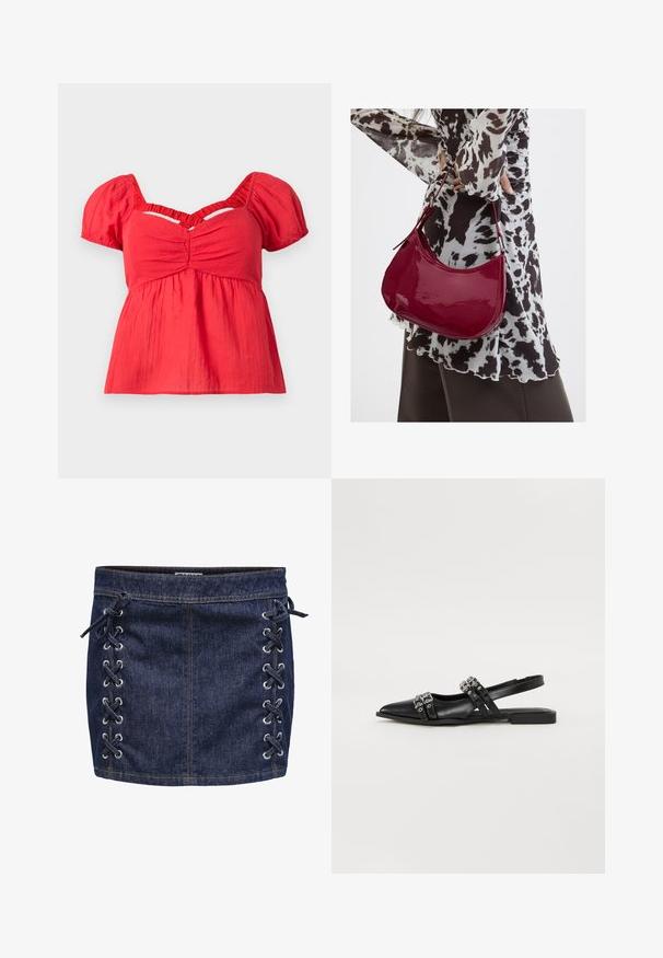 Blouse rouge à manches courtes avec des manches bouffantes, buste froncé, taille empire froncée et un détail en découpe en V sous le col.; Mini-jupe en denim bleu foncé avec détail de laçage sur le côté et œillets en argent. Présente une texture lisse et des coutures contrastées.; Even&Odd by Zalando Ballerines à brides arrière - black; Femme portant un chemisier à motif noir et blanc tenant un sac à main rouge brillant sur un fond uni.
