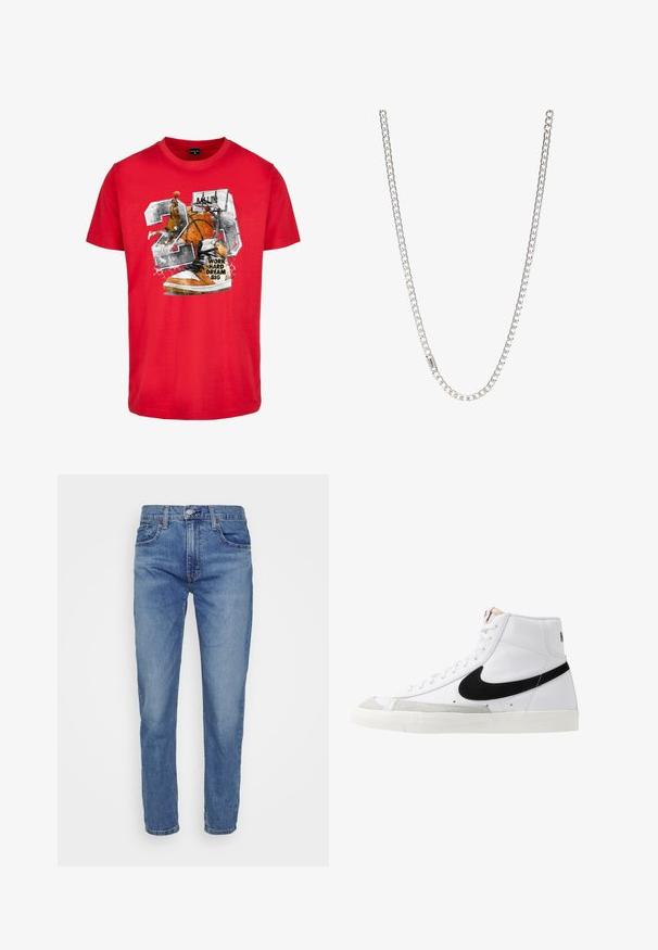 Rød bomulds T-shirt med et grafisk motiv af en basketball, en sneaker og teksten "ARBEJD HÅRD DRØM STORT." Designet indeholder sorte og orange detaljer.; Levi's® 502™ TAPER HI BALL - Jeans Slim Fit - dolf bombay adv; Hvide høje sneakers med et sort swoosh, struktureret grå tåhætte og flad hvid sål. Har seks snørrehuller og syede detaljer.; Sølv kædedesign med sammenkoblede led, glat tekstur og ensartet rektangulær form. Sikker lukning.