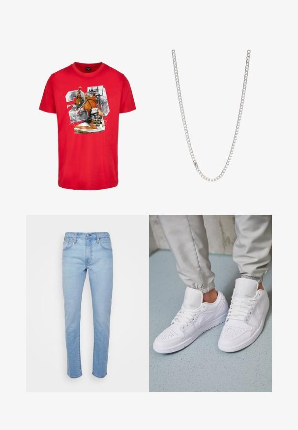 Camiseta de algodón roja con un gráfico que presenta un balón de baloncesto, una zapatilla y el texto "TRABAJA DURO SUEÑA EN GRANDE". El diseño incluye acentos en negro y naranja.; Vaqueros de mezclilla de color azul claro, con corte recto, cinco bolsillos y cierre de botón metálico. Presentan un ligero desgaste y detalles de costura sutiles.; Las zapatillas deportivas de cuero blanco cuentan con una caja de dedos perforada, cordones planos, un cuello acolchado y el logo de Jordan en la lengüeta. Las llevan puestas con pantalones joggers grises.; Collar de cadena de plata con eslabones entrelazados, textura suave y forma rectangular uniforme. Detalle de cierre seguro.