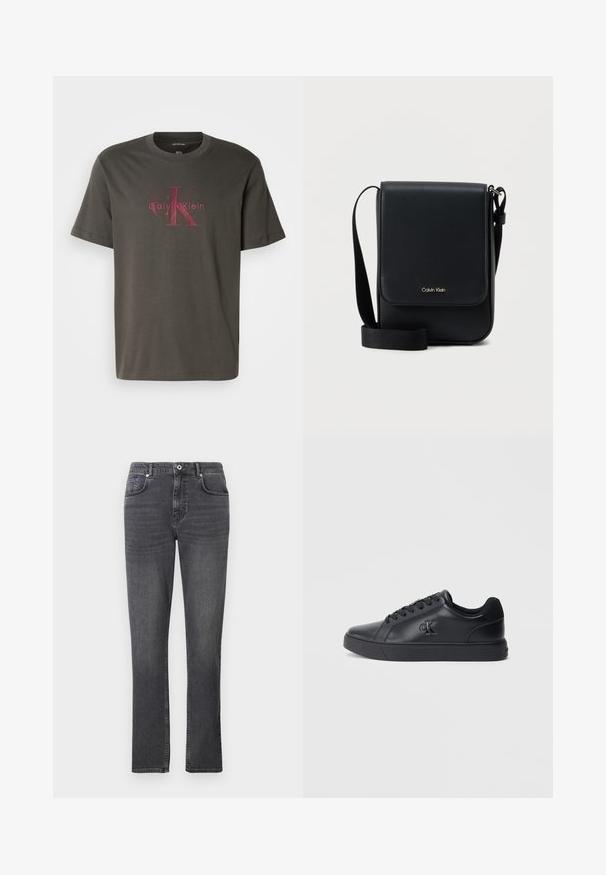 Tummanvihreä puuvillainen t-paita lyhyillä hihoilla. Edessä on suuri, haalistunut punainen Calvin Klein -logo keskitettynä. Klassinen crew neck -muotoilu.; Harmaat farkut, joissa on suora lahje, viisi taskua ja hienovaraiset tikkaus yksityiskohdat. Kangas on sileää.; Musta nahkakengät nauhoitetulla designilla, kumipohjalla ja kohokuvioidulla logolla sivussa, joissa on sileä pinta ja minimalistinen tyyli.; Musta Calvin Klein -laukku olalle, jossa on läppä, säädettävä hihna ja pieni kultainen logo edessä, valkoista taustaa vasten.