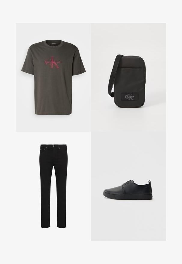 Camiseta de algodón verde oscuro de manga corta. Presenta un gran logo de Calvin Klein en rojo desvanecido centrado en la parte frontal. Diseño clásico de cuello redondo.; Vaqueros negros ajustados con botón delantero, trabillas para el cinturón y bolsillos delanteros visibles, mostrados sobre un fondo blanco.; Zapatilla negra de cuero con acabado suave, punta redondeada, costuras a tono, cordones en la parte delantera y suela de goma plana. Asa en el talón.; Bolso de bandolera negro de nailon con forma rectangular, correa y un parche de logo en el frente. Textura suave, diseño minimalista y cierre con cremallera.