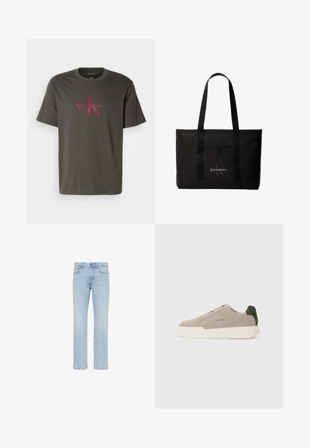 Camiseta de algodón verde oscuro de manga corta. Presenta un gran logo de Calvin Klein en rojo desvanecido centrado en la parte frontal. Diseño clásico de cuello redondo.; Vaqueros de mezclilla azul claro de pierna recta con botón delantero, cierre de cremallera y diseño de cinco bolsillos, mostrados sobre fondo blanco.; Zapatillas de piel de ante beige con suela de goma blanca, que presentan un acento en el talón de color verde oscuro y un sutil logo en el lateral.; Bolso tote negro de Calvin Klein con dos asas largas y bolsillo delantero, con el logo de la marca en blanco y gris.