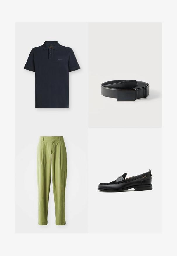 Polo azul marino de manga corta con tapeta de dos botones y logo sutil "BOSS" en el pecho izquierdo.; Pantalones verdes claros hechos de una tela texturizada, con una forma recta, pliegues en la parte frontal y una cinturilla estándar.; Mocasín de cuero negro con detalle de tira gris, tacón bajo y suela texturizada, con la marca "HUGO" en oro en el lateral.; Cinturón de cuero negro enrollado con una hebilla rectangular negra mate y un logotipo en relieve discreto sobre un fondo blanco.