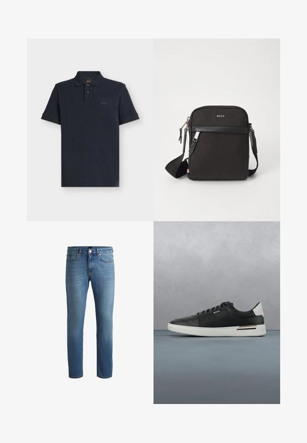 Mørkeblå polo med korte ærmer, to-knaps knapstolpe og subtilt "BOSS" logo på venstre bryst.; Lyseblå denim jeans med almindelig pasform, der har en glat tekstur, fem-lommers design og en lynlåsåbning med knaplukning.; Sort lædersneaker med hvid sål, har perforeringer, snørebåndsdesign, logo på siden og kontrasterende hældetalje i hvid og brun.; Sort crossbody taske med et struktureret stof, logo på fronten, lynlås lukning og justerbar rem. Har en glat læderkant.