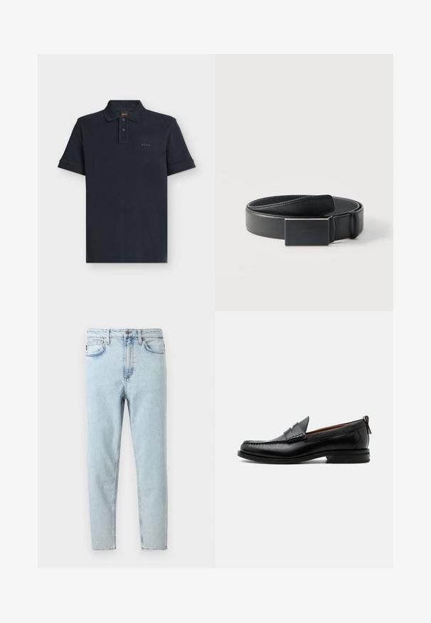 Mørkeblå polo med korte ærmer, to-knaps knapstolpe og subtilt "BOSS" logo på venstre bryst.; Lyseblå højtsiddende slim-fit jeans med forreste knap, lynlås, for- og baglommer, vist på hvid baggrund.; Sort læder herre loafer med moc-tå syning, penny strop, struktureret krave og lav stablet hæl på hvid baggrund.; Sort læderbælte, snoet med en rektangulær mat sort spænde og diskret præget logo på hvid baggrund.