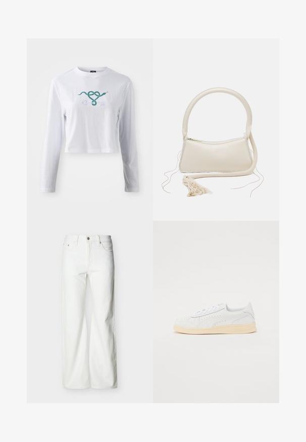 Biely crop top s dlhým rukávom z bavlny, s grafickým motívom zelenej hadice previazanou s dizajnom kľúča na prednej strane.; Biele rifle s vysokým pásom a rovnými nohavicami, s predným zapínaním na gombíky a zips, pásové a zadné vrecká, na jednofarebnom svetlom pozadí.; Tenisky s bielym syntetickým zvrškom, perforovaným dizajnom, plochými šnúrkami a krémovou gumovou podrážkou. Obsahujú logo na päte a na boku.; Krémová kabelka s zaoblenou rukoväťou, zipsovým zatváraním a detailom s pampeliskou. Obsahuje hladkú koženú textúru a kontrastné tkaninové detaily.