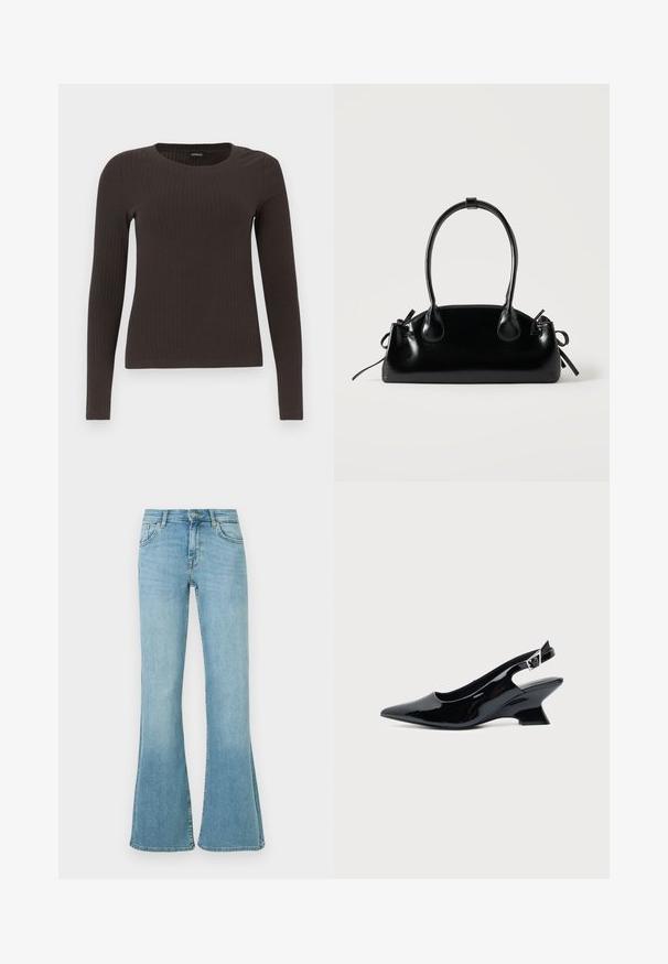 Un haut marron à manches longues en rib avec un col rond. Fabriqué dans un matériau lisse et extensible, il présente une silhouette ajustée et un minimum de détails.; Jean en denim bleu clair à taille haute, fermeture avant par bouton et zip, poches avant et arrière, et jambes évasées.; Chaussure slingback en cuir verni noir avec bout pointu et petit talon bloc incliné sur fond clair uni.; Petit sac à main noir brillant avec deux longues anses et des détails à cordon sur les côtés sur un fond clair uni.