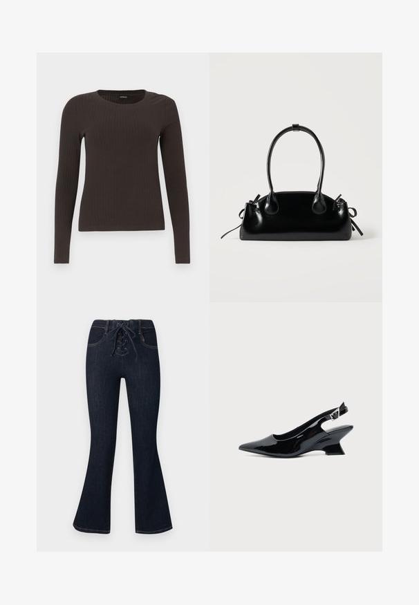 Un haut marron à manches longues en rib avec un col rond. Fabriqué dans un matériau lisse et extensible, il présente une silhouette ajustée et un minimum de détails.; Jean évasé bleu foncé avec fermeture à lacets à l'avant et poches avant, présenté à plat sur un fond uni.; Chaussure slingback en cuir verni noir avec bout pointu et petit talon bloc incliné sur fond clair uni.; Petit sac à main noir brillant avec deux longues anses et des détails à cordon sur les côtés sur un fond clair uni.