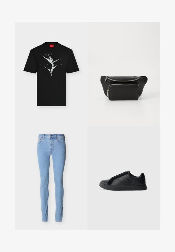 Μαύρο κοντομάνικο T-shirt με λευκό στυλιζαρισμένο φυτικό σχέδιο και κείμενο "HUGO" μπροστά, κόκκινη ετικέτα με το λογότυπο στο εσωτερικό του γιακά.; Ανοιχτό γαλάζιο στενό τζιν με μπροστινό κουμπί, φερμουάρ και σχεδιασμό με πέντε τσέπες, παρουσιασμένο σε λευκό φόντο.; Μαύρα δερμάτινα αθλητικά παπούτσια με λείο φινίρισμα, υφαντές πλαϊνές πάνελ, στρογγυλή μύτη, επίπεδη σόλα και λεπτομέρεια λογότυπου στο πλάι. Διαθέτουν κλασικό κορδόνι.; Μαύρη δερμάτινη ζώνη με δύο θήκες με φερμουάρ, λεία υφή, στρογγυλή μορφή και λογότυπο ανάγλυφο στο μπροστινό μέρος. Με ασημί λεπτομέρειες.