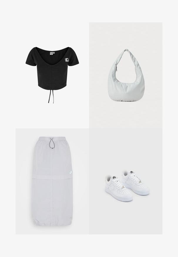 Μαύρο cropped t-shirt με κοντά μανίκια, βαθύ V-λαιμό, κορδόνι στο στρίφωμα και λευκό κεντημένο λογότυπο στην αριστερή πλευρά.; Ανοιχτό γκρι αθλητική φούστα από ελαφρύ υλικό, με ελαστική ζώνη μέσης και κορδόνι, φερμουάρ τσέπες και λογότυπο.; Λευκά sneakers Nike Air Force 1 με λείο δερμάτινο πάνω μέρος, περφορίσμενο μπροστινό τμήμα, λευκές κορδόνες και μαύρη σήμανση στη γλώσσα.; Μαλακή, ανοιχτό γκρι τσάντα hobo φτιαγμένη από συνθετικό υλικό. Διαθέτει μία επενδεδυμένη χειρολαβή και μια τσέπη με φερμουάρ στο πλάι.