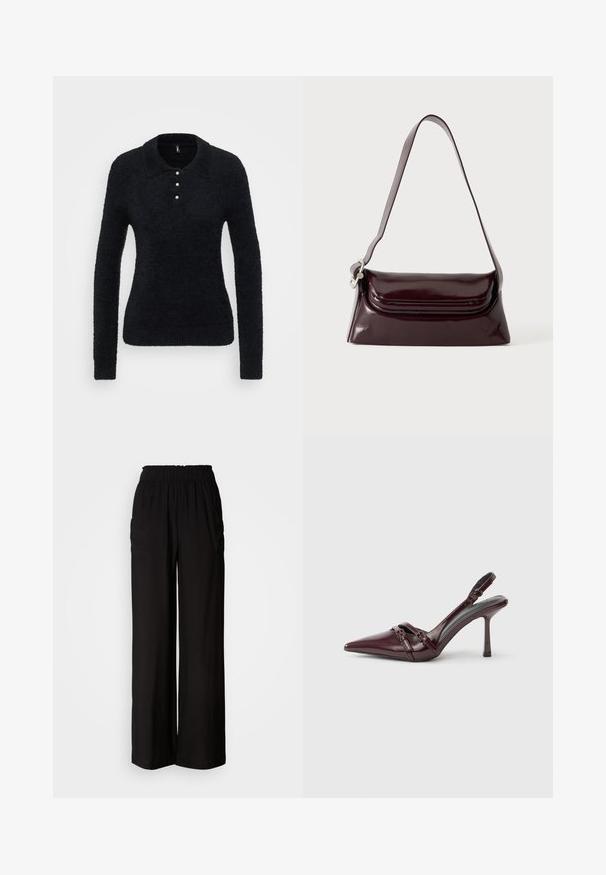 ONLY Tall ONLPETRA POLO BLING - Svetrík - black; Čierne nohavice s širokými nohavicami, elastickým pásom, dvoma bočnými vreckami a ľahkou tkaninou, ktorá má hladkú textúru a voľný strih.; Bordové lodičky zo lesklej koženky so špičatou špičkou, tenkým remienkom na členku a malou dekoratívnou prackou. Hladká textúra a vysoký opätok.; Tmavá bordová kožená kabelka cez rameno s klopovým zapínaním a tenkým nastaviteľným popruhom, zobrazená na jednoduchom svetlom pozadí.