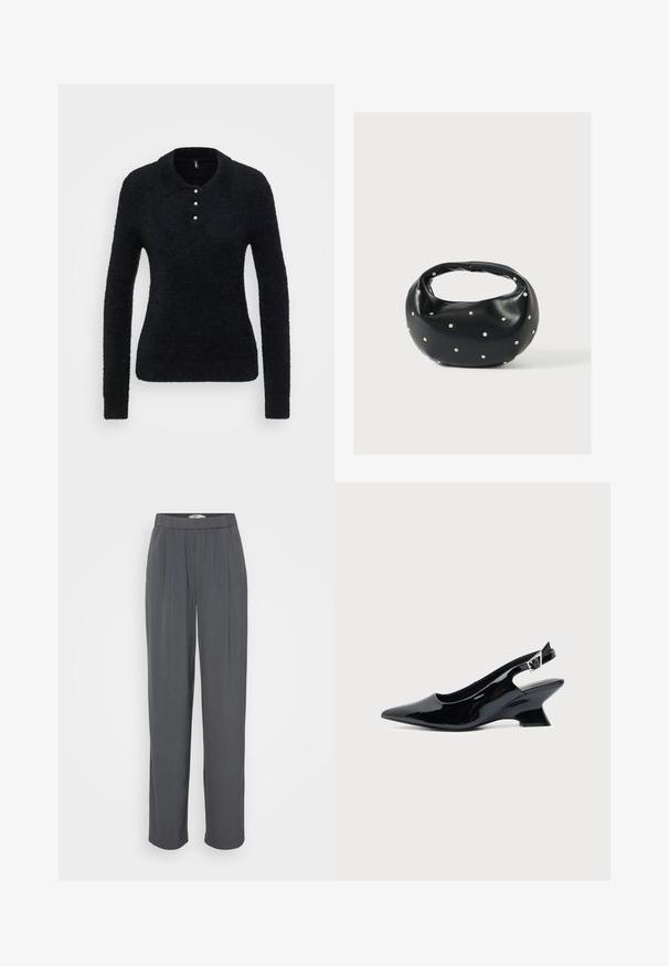 ONLY Tall ONLPETRA POLO BLING - Džemper - black; Hallid hallid laiad püksid, millel on elastne vöökoht, valmistatud siledast kangast. Omab puhast disaini ja nähtavat riistvara pole.; Mustast lakknahast slingback king, millel on terav nina ja madal kalle plokktald, ühtlase heleda taustaga.; Mustast nahast ümmarguse kujuga käekott, kaunistatud hõbedaste naeladega, lühikese sangaga. Sile tekstuur ja tõmblukuga sulgemine.