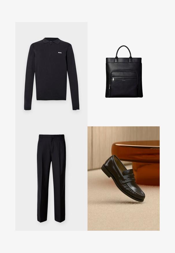Polo manches longues noir en tissu tricoté. Doté d'un col à fermeture éclair moitié, coupe ajustée et d'un petit logo blanc sur la poitrine.; Pantalon noir ajusté à coupe droite, avec un devant plissé et des poches latérales. Confectionné dans un tissu lisse et léger à motif uni.; Mocassin en cuir noir brillant avec un détail de bride, posé sur un tapis beige près d'une table basse ronde en bois brun dans une pièce doucement éclairée.; Sac cabas en cuir noir avec anses supérieures et poche avant zippée portant un petit logo Calvin Klein sur la poche.