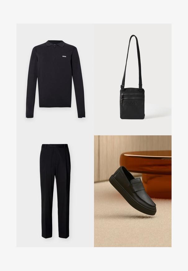 Polo manches longues noir en tissu tricoté. Doté d'un col à fermeture éclair moitié, coupe ajustée et d'un petit logo blanc sur la poitrine.; Pantalon noir droit sur mesure avec passants de ceinture et plis avant, présenté sur un fond clair uni.; Mocassin en cuir noir à enfiler avec une bride sur le dessus, positionné sur un tapis beige et une table ronde marron.; Sac bandoulière noir avec deux poches avant zippées et logo embossé "BOSS", avec bandoulière réglable.