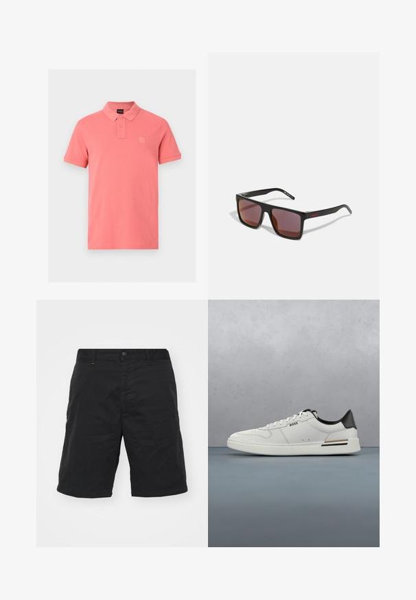Polo corail à manches courtes avec patte à deux boutons et petit écusson logo embossé sur la poitrine gauche.; Shorts noirs en tissu léger, présentant une fermeture à bouton, des passants de ceinture et une coupe droite. Design simple sans motifs visibles.; Sneaker basse blanche avec talon noir, fermeture à lacets, perforations subtiles et logo "BOSS" sur le côté, vue depuis le profil extérieur.; Lunettes de soleil rectangulaires noires avec des verres rouge foncé, présentant une finition mate et un logo rouge sur la branche. Monture en plastique robuste.