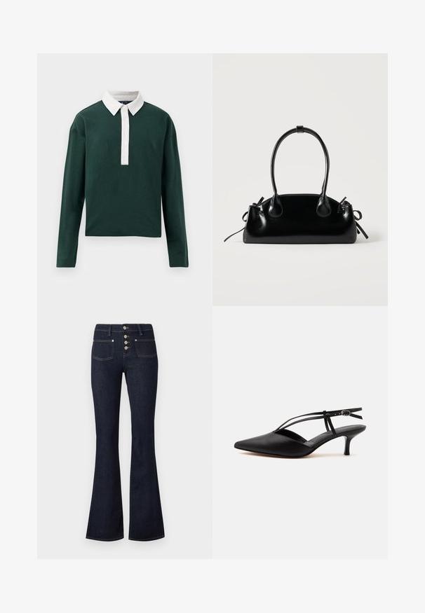 Groene poloshirt met lange mouwen, voorzien van een witte kraag en knopenlijst, gemaakt van gladde katoen met een relaxte pasvorm.; Donkerblauwe high-waist flared jeans met knoopsluiting aan de voorkant, twee voorzakken en gele stiksels op een lichte achtergrond.; Zwarte leren pumps met spits toelopende neus, kittenheel met dunne enkelriem en gesp, slingback ontwerp, op een effen lichte achtergrond.; Kleine zwarte glanzende handtas met twee lange hengsels en zijkant trekkoord details op een effen lichte achtergrond.