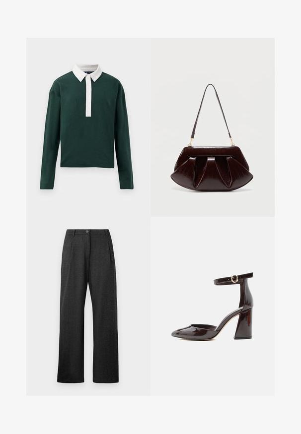 Groene poloshirt met lange mouwen, voorzien van een witte kraag en knopenlijst, gemaakt van gladde katoen met een relaxte pasvorm.; Donkergrijze high-waist broeken met een knoopsluiting, plooien aan de voorkant, riemlussen en brede rechte pijpen.; Donkerbruine lakleren pump met hoge hak, puntige neus, blokhak en verstelbare enkelband met gouden gesp.; Donkerbruine leren handtas met geplooide plooien, gouden beslag en een enkele schouderriem tegen een effen lichte achtergrond.
