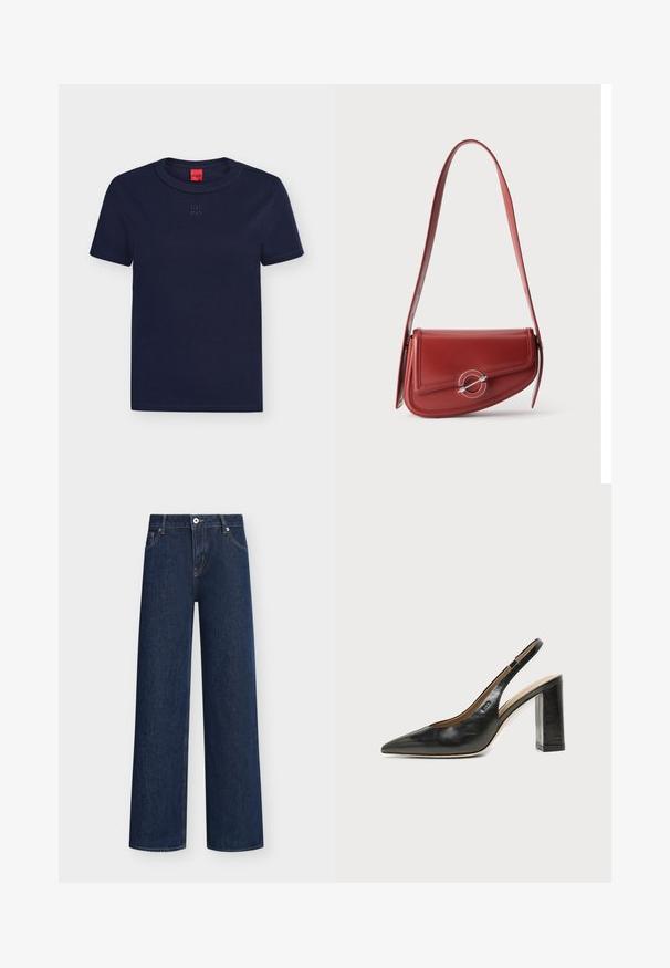 T-shirt bleu marine à manches courtes et col rond avec un logo "HUGO" discrètement embossé sur la poitrine et une étiquette rouge à l'intérieur du col.; Jean en denim bleu foncé coupe droite avec poches avant, passants de ceinture, fermeture par bouton et détails de couture visibles.; Chaussure slingback en cuir noir à bout pointu avec un talon bloc haut et une doublure intérieure beige sur un fond clair uni.; Sac à épaule en cuir rouge avec un rabat arrondi et une boucle circulaire argentée sur un fond clair uni.