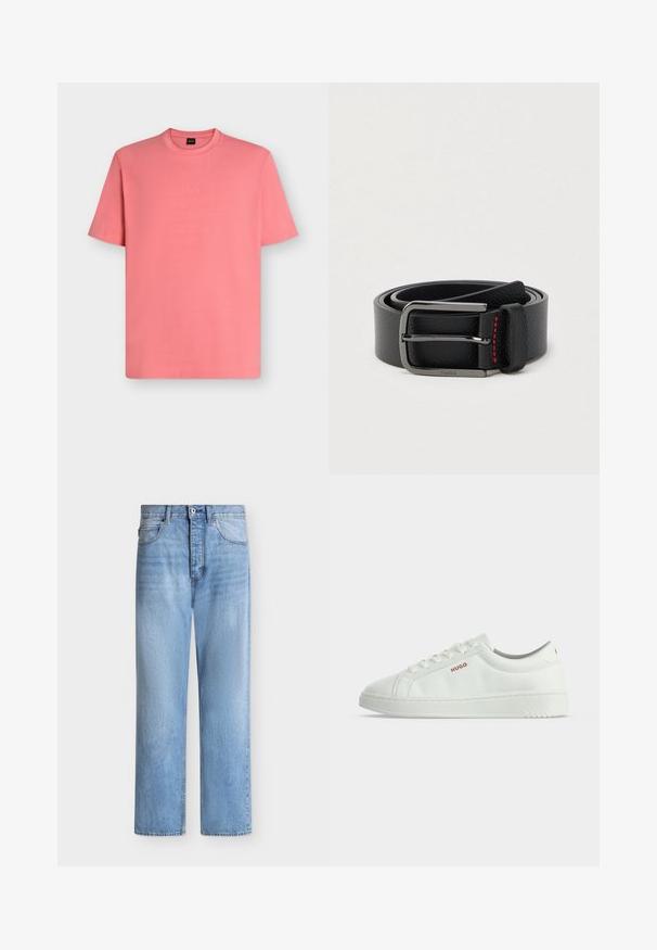 T-shirt rose corail à manches courtes et col rond avec un logo "BOSS" subtil brodé sur la poitrine, présenté sur un fond uni.; Jean droit en denim bleu clair avec fermeture par bouton et zip, poches avant et arrière, et passants de ceinture à la taille.; Baskets basses blanches avec lacets et logo rouge "HUGO" sur le côté, sur un fond blanc uni.; Ceinture en cuir noir avec une boucle argentée et des coutures rouges, enroulée sur un fond clair uni.
