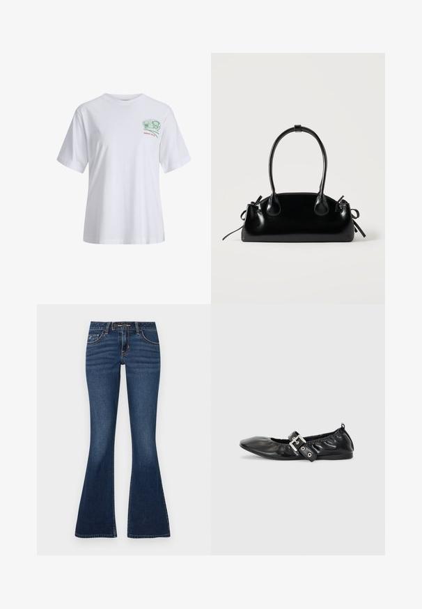 Witte T-shirt met korte mouwen, voorzien van een kleine groene en rode afbeelding met sushirollen en de tekst "SINCE 2020" op de linkerborst.; Flared jeans in donkerblauwe denim, met een klassiek ontwerp van vijf zakken, contrasterende stiksels en een ritssluiting met knoop.; Zwarte leren platte schoen met een spitse neus, geplooide details rond de opening en een zilveren gespaccentueerde verstelbare band.; Kleine zwarte glanzende handtas met twee lange hengsels en zijkant trekkoord details op een effen lichte achtergrond.