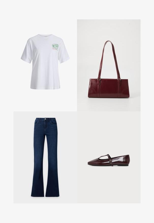 Witte T-shirt met korte mouwen, voorzien van een kleine groene en rode afbeelding met sushirollen en de tekst "SINCE 2020" op de linkerborst.; Donkerblauwe denim jeans met wijde pijpen, voorzakken en een knoopsluiting in de taille.; Donker bordeauxrode leren platte schoen met een puntige neus en een dunne T-strap met een zilveren gesp op een witte achtergrond.; Bourgondische handtas van glanzend materiaal, rechthoekige vorm, met twee schouderbanden en subtiele gebogen accenten aan de voorkant.