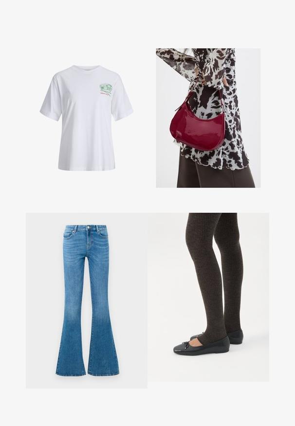 Hvid T-shirt med korte ærmer og et lille grønt og rødt motiv med sushi-ruller og teksten "SINCE 2020" på øverste venstre bryst.; Blå denim flared jeans med mellemhøj talje, der har fem lommer, en standard knaplukning og let falmning for struktur.; Ben iført mørke ribbede leggings kombineret med sorte balletsko med små sløjfedetaljer på hvid baggrund.; Kvinde iført en sort- og hvidmønstret bluse, der holder en blank rød skuldertaske mod en ensfarvet baggrund.