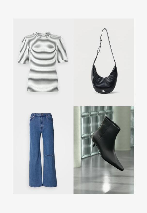 T-shirt à manches courtes rayé en blanc et bleu marine. Doté d'un col rond et d'un tissu doux et extensible avec des rayures horizontales sur toute la surface.; Jean large en denim bleu moyen, avec une taille haute, des poches avant et un détail de patch déchiré au genou gauche.; Bottine en cuir noir à bout pointu et petit talon kitten, présentée en angle devant un sol poli et un mur en blocs de verre.; Sac à bandoulière en cuir noir en forme de croissant avec une sangle réglable et un logo "cK" argenté sur le devant, sur un fond blanc uni.