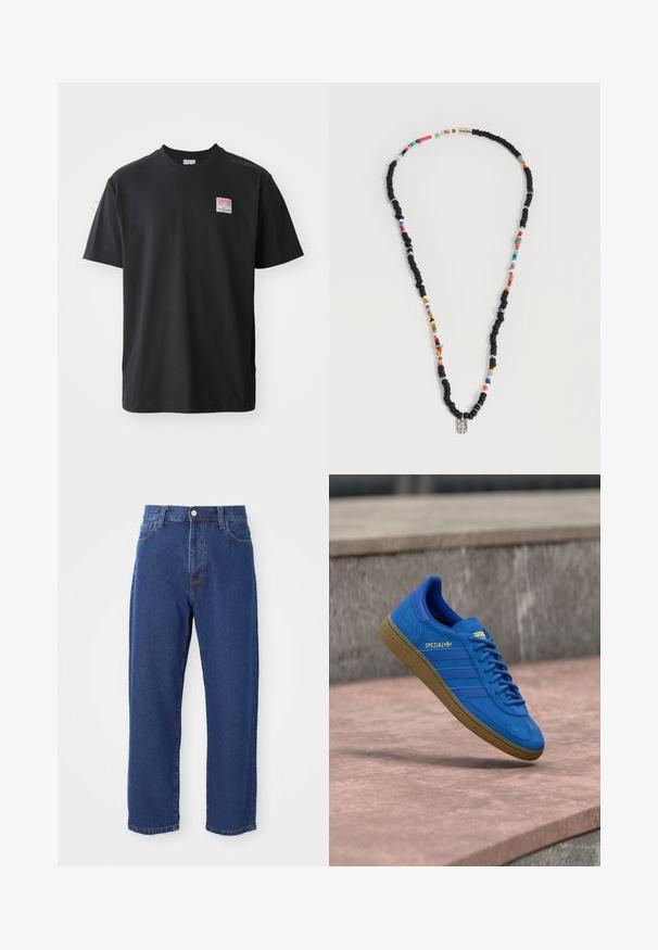 Zwarte katoenen t-shirt met ronde hals, korte mouwen en een klein gekleurd label op de linkerkant van de borst met het woord "SUPERIOR."; Hoge taille blauwe jeans van denim, met een rechte pijp silhouet, zichtbare stiksels en een sluiting met een voorknoop.; Blauwe Adidas Spezial sneaker met rubberen zool, veters geknoopt, hangend boven een glad stenen oppervlak nabij een grijze betonnen muur.; Ketting met afwisselend zwarte en meerkleurige kralen, met kleine zilveren ringen en een rechthoekige doorzichtige kraalhanger.