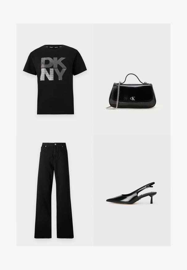 Zwarte katoenen t-shirt met grote zilveren glitters met de tekst "DK NY" op de voorkant. Klassieke ronde hals en korte mouwen. Soepele textuur.; Zwarte wide-leg jeans van denim met een vijf-pockets ontwerp, voorste knoopsluiting en subtiele stikdetails.; Zwarte gepatineerde leren slingback hakken met een spitse neus, dunne hak en verstelbare gespstrap. Gladde textuur met minimale details.; Zwarte leren handtas met een ketting schouderband, gestructureerde vorm en een zilveren logo-accent. Gladde textuur met een flapsluiting.