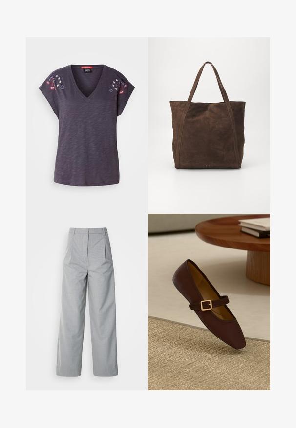 T-shirt court à manches courtes de couleur violet foncé avec un col en V, ornée d'accents floraux brodés sur les épaules et d'une finition en tissu texturé.; Pantalons larges gris en tissu texturé, avec une taille haute, des plis à l'avant et une coupe droite jusqu'à l'ourlet.; Chaussure plate en cuir marron avec un bout pointu et une sangle décorative ornée d'une boucle en or. Fond en texture tissée beige chaud.; Sac fourre-tout en daim marron avec de longues poignées, présentant un design simple et dépouillé ainsi que de subtils détails de couture aux coutures.