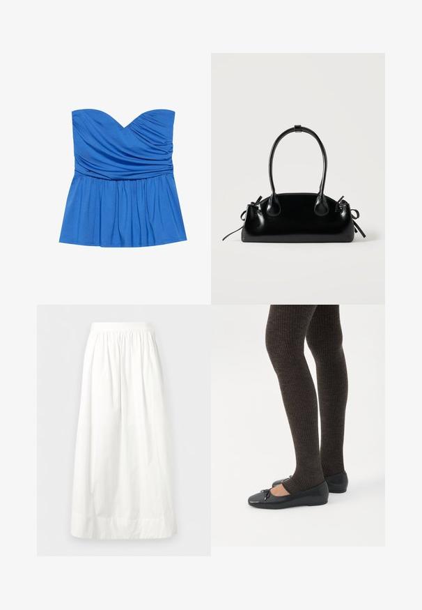 Μπλε strapless peplum τοπ από λείο ύφασμα, με ντεκολτέ σε σχήμα καρδιάς και μαζεμένες λεπτομέρειες στο στήθος και τη μέση.; Λευκή φούστα μήκους μέχρι τον ποδόγυρο με σούρα ελαστική μέση και χαλαρό, ρέον ύφασμα.; Πόδια με σκουρόχρωμα ριμπ κολάν συνδυασμένα με μαύρα μπαλαρίνα παπούτσια με μικρές λεπτομέρειες φιόγκων σε λευκό φόντο.; Μικρή μαύρη γυαλιστερή τσάντα με δύο μακριές λαβές και λεπτομέρειες με ρυθμιζόμενο κορδόνι στο πλάι σε απλό ανοιχτό φόντο.