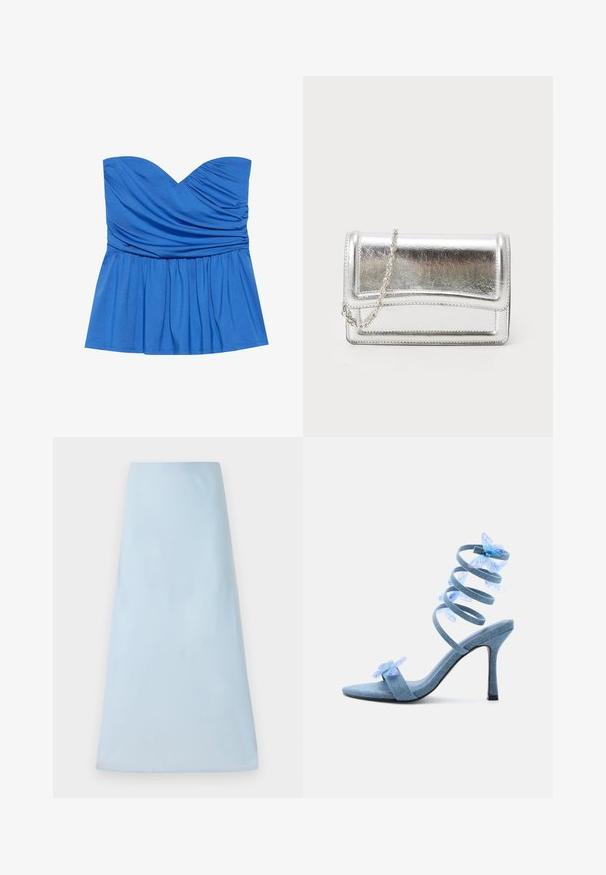 Top peplum sans bretelles bleu en tissu lisse, présentant un décolleté en cœur et des détails froncés au niveau de la poitrine et de la taille.; Jupe A-line bleu clair en tissu lisse, avec un design épuré sans motifs ni accents visibles, atteignant une longueur mi-mollet.; Sandale à talon haut bleu clair avec bride spirale à la cheville et décorations translucides en forme de papillon bleu sur les brides des orteils et des chevilles.; Pochette métallique argentée avec une texture lisse, fermeture rabat et une bandoulière en chaîne. Présente un design rectangulaire structuré et des accents cousus.