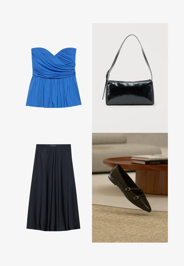 Μπλε strapless peplum τοπ από λείο ύφασμα, με ντεκολτέ σε σχήμα καρδιάς και μαζεμένες λεπτομέρειες στο στήθος και τη μέση.; Μαύρη φούστα μέχρι το γόνατο, φτιαγμένη από ελαφρύ ύφασμα με επιδραστική σχεδίαση. Διαθέτει λεία υφή και διακριτές πιέτες για πρόσθετη λεπτομέρεια.; Μαύρο γυναικείο παπούτσι με μυτερή μύτη και δύο λεπτούς ιμάντες με αγκράφες, που αιωρείται πάνω από ένα μπεζ χαλί, με ένα ξύλινο τραπεζάκι καφέ και βιβλία στο φόντο.; Μαύρη ορθογώνια τσάντα ώμου με έναν ρυθμιζόμενο ιμάντα και κλείσιμο με φερμουάρ στην κορυφή σε μονόχρωμο φόντο.