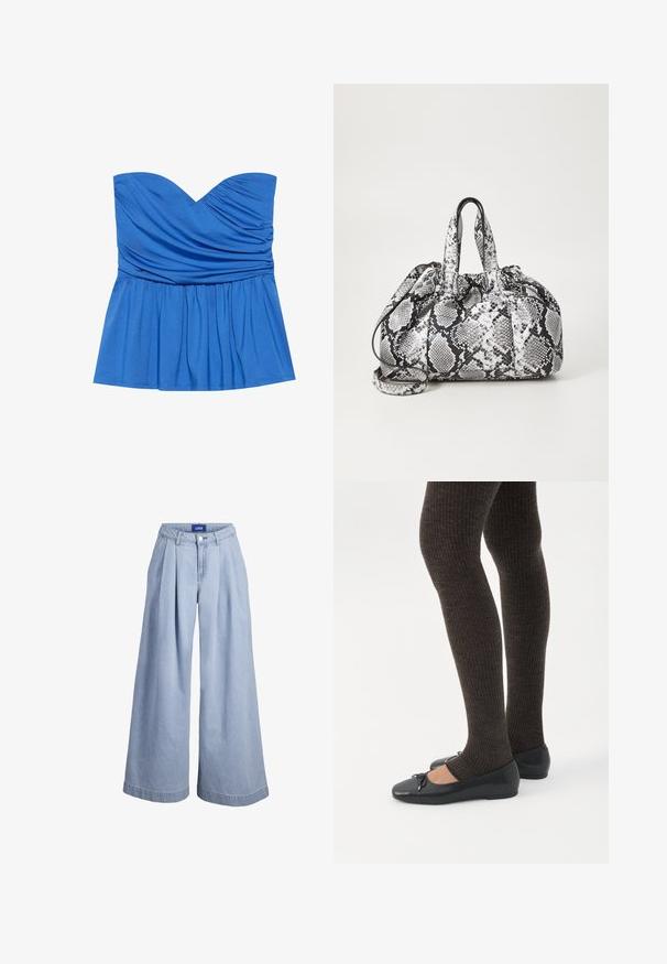 Blauwe straploze peplumtop van gladde stof, met een sweetheart-halslijn en geplooide details bij de buste en taille.; Lichtblauwe wijde spijkerbroek met plooien aan de voorkant, knoopsluiting en JJXX-label aan de binnenzijde van de tailleband.; Benen met donkere geribbelde leggings gecombineerd met zwarte ballerina's met kleine strikdetails op een witte achtergrond.; Zwart-wit handtas met slangenhuidpatroon, voorzien van twee handvaten, een trekkoordsluiting en een afneembare schouderriem. Hanteert een gladde textuur.