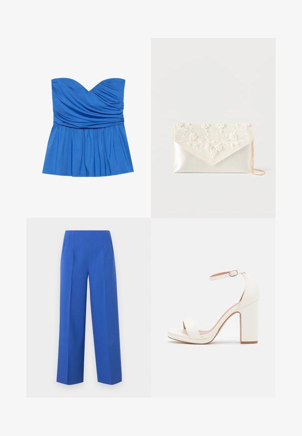 Top peplum sans bretelles bleu en tissu lisse, présentant un décolleté en cœur et des détails froncés au niveau de la poitrine et de la taille.; Pantalon bleu taille haute à jambes larges avec plis à l'avant et poches latérales, présenté sur un fond blanc uni.; Sandale à talon haut blanche avec une bride de cheville, design minimaliste, bout ouvert, talon carré et texture en cuir lisse.; Pochette en satin crème avec broderie de perles et fleurs sur le rabat, et une fine chaîne dorée sur fond blanc.
