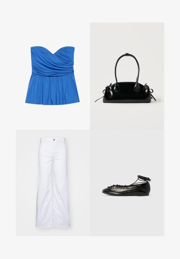 Blå strampefri peplum top lavet af glat stof, med en sweetheart-udskæring og samlet detaljering ved brystet og taljen.; Hvide bredde benbukser lavet af denim, med knaplukning og bæltestropper. Glat tekstur med ren syning og uden mønstre.; Sorte balletflade sko i laklæder med rundet tå, snørelukning og flad sål. Glat tekstur med få detaljer.; Lille sort blank håndtaske med to lange håndtag og snøre-detaljer i siden på en ensfarvet lys baggrund.