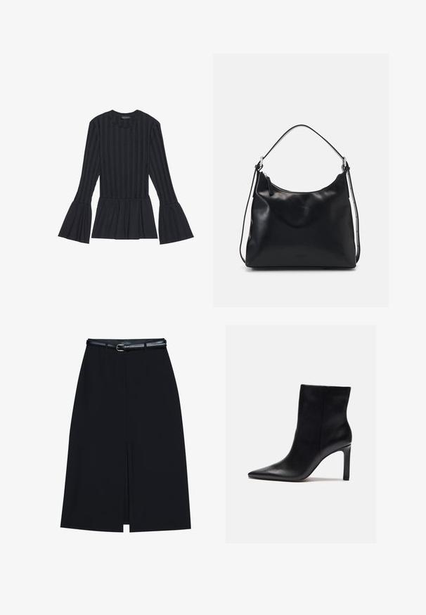 Haut noir à manches longues avec des rayures verticales et des manches évasées. Il présente une silhouette peplum et un tissu doux avec une texture.; Jupe noire à mi-cuisse avec une fente frontale, fabriquée en tissu lisse. Comprend une fine ceinture noire avec une boucle en argent et des passants.; Zign by Zalando Bottines à talons hauts - black; Une jeune femme aux longs cheveux noirs est assise sur un bloc en bois, vêtue d'une tenue crème, tenant un sac à bandoulière en cuir noir croisé sur la poitrine.